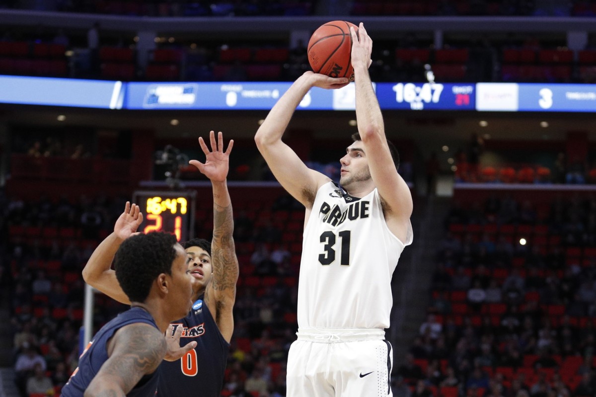 Mar 16, 2018; Detroit, MI, USA; Purdue Boilermakers guard Dakota Mathias (31) shoots in the first half against the Cal State Fullerton Titans in the first round of the 2018 NCAA Tournament at Little Caesars Arena.