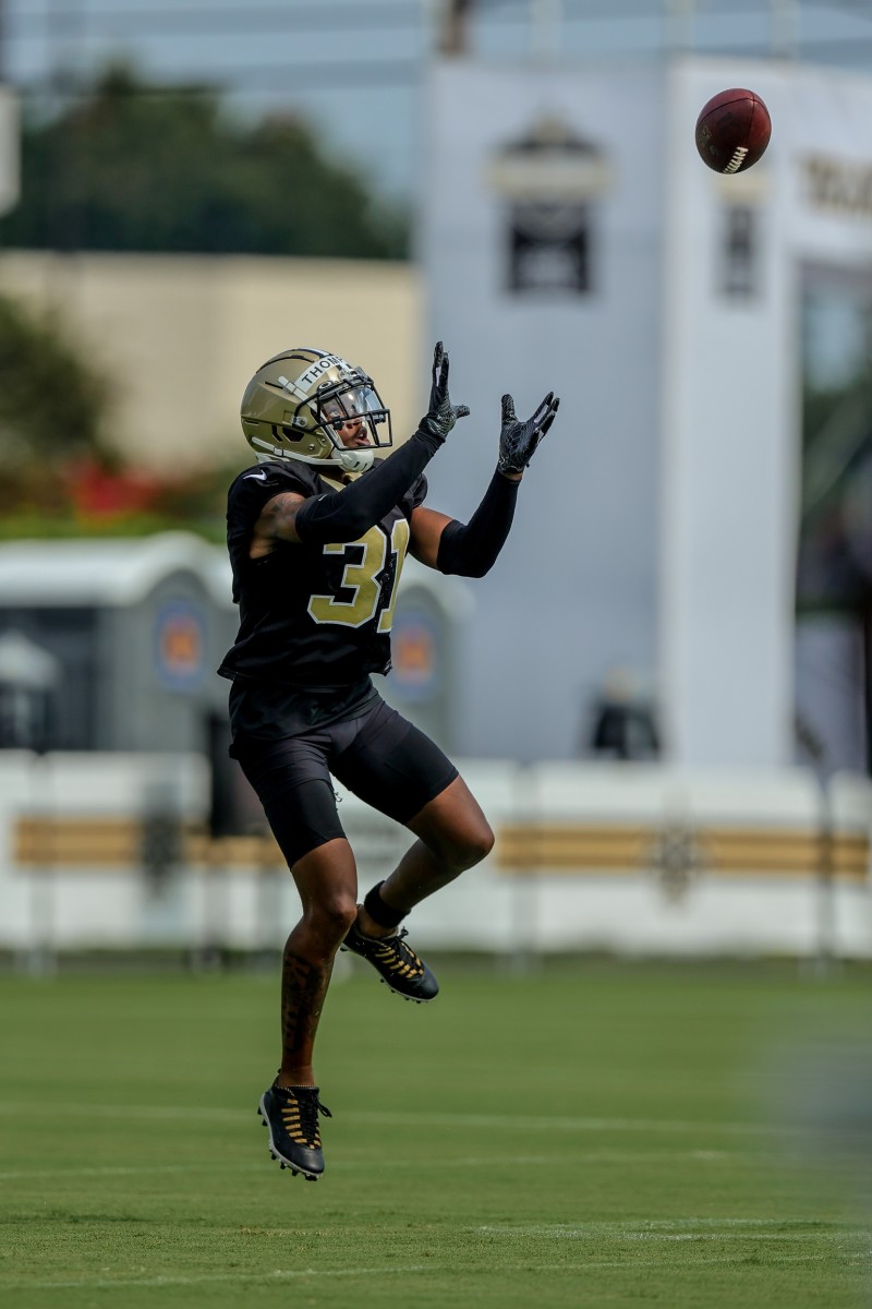 Jul 31, 2021; New Orleans Saints cornerback Bryce Thompson (31) performs defensive back drills during a training camp session. Mandatory Credit: Stephen Lew-USA TODAY
