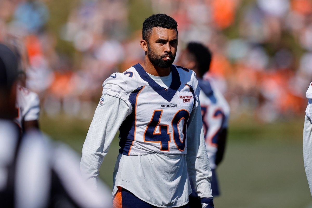 Denver Broncos inside linebacker Justin Strnad (40) during training camp at the UCHealth Training Center.
