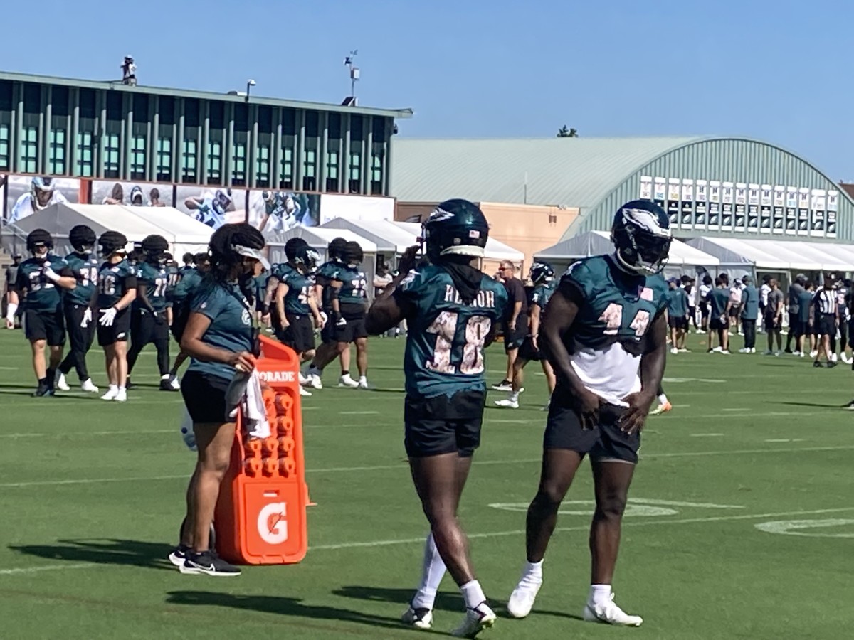 Jalen Reagor and A.J. Brown get ready for a practice drill