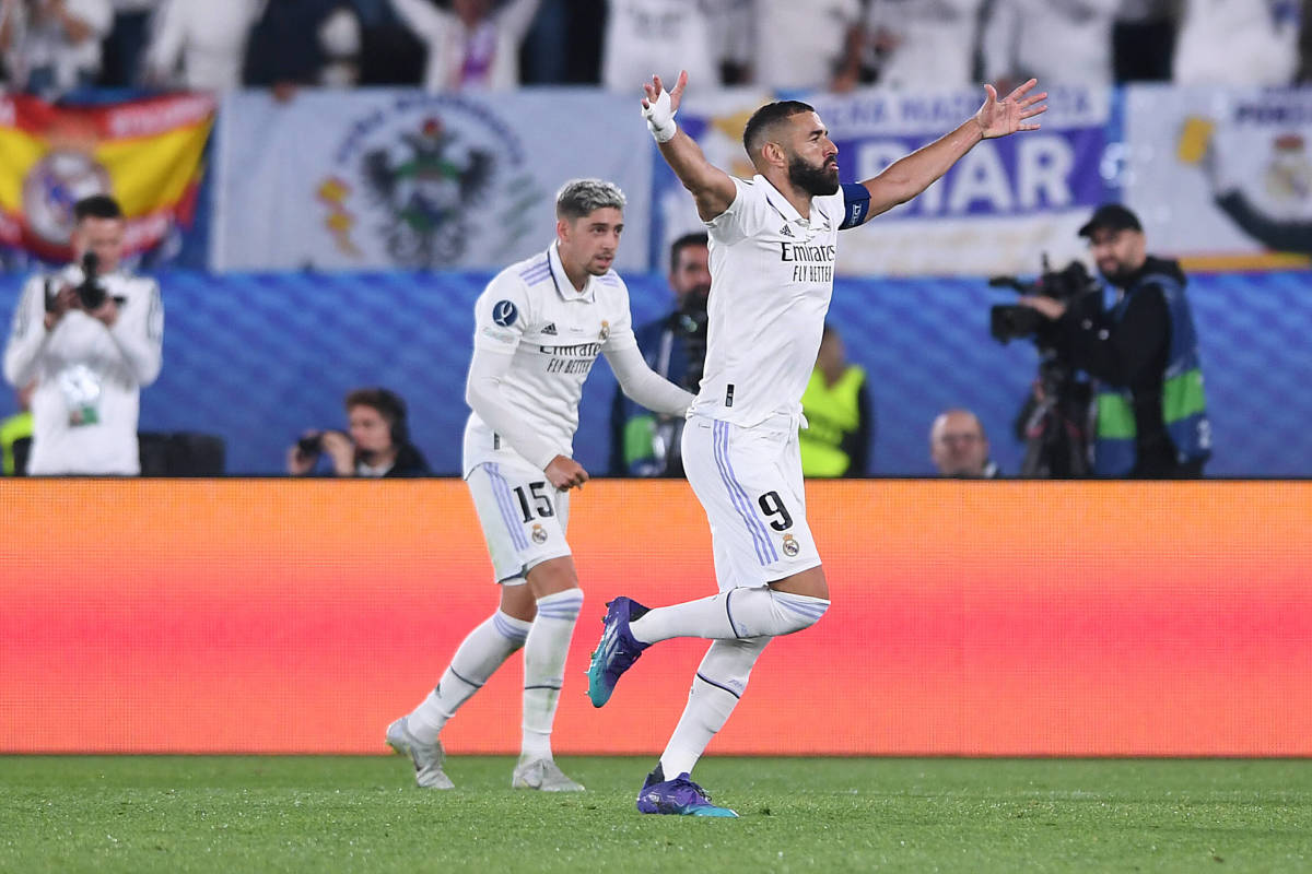 Real Madrid no.9 Karim Benzema pictured celebrating after scoring in a 2-0 win over Eintracht Frankfurt in the 2022 UEFA Super Cup final