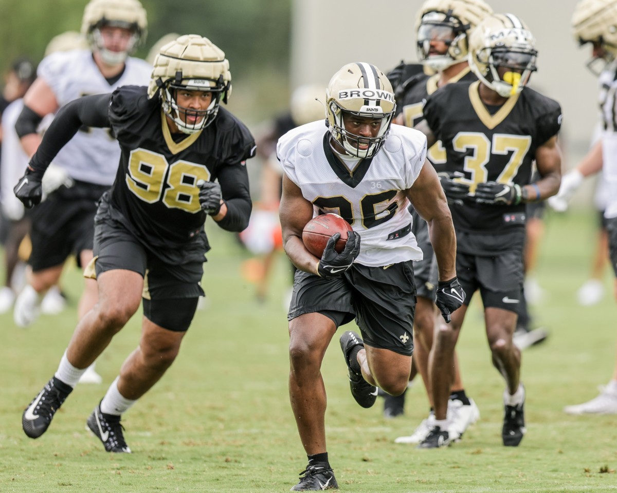 New Orleans Saints running back Malcolm Brown (36) runs during training camp at Ochsner Sports Performance Center. Mandatory Credit: Stephen Lew-USA TODAY Sports