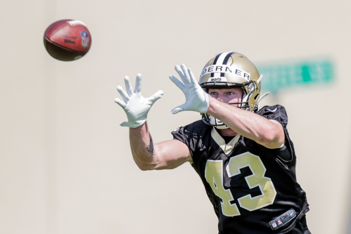 May 14, 2022; New Orleans Saints defensive back Jack Koerner (43) during rookie camp at the Saints Training Facility. Mandatory Credit: Stephen Lew-USA TODAY Sports