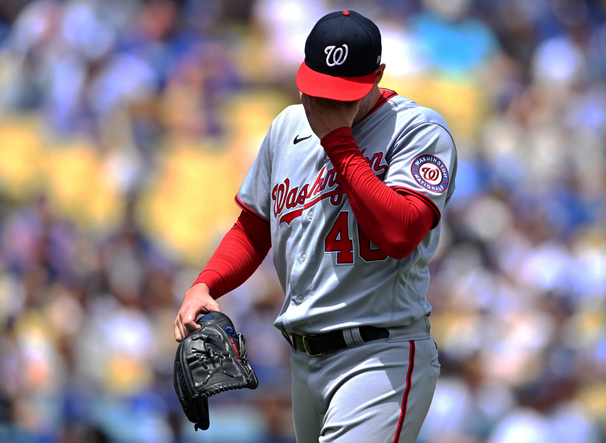 Jul 27, 2022; Los Angeles, California, USA; Washington Nationals starting pitcher Patrick Corbin (46) walks to the dugout after he was pulled from the game after giving up his sixth run of the first inning against the Los Angeles Dodgers at Dodger Stadium.