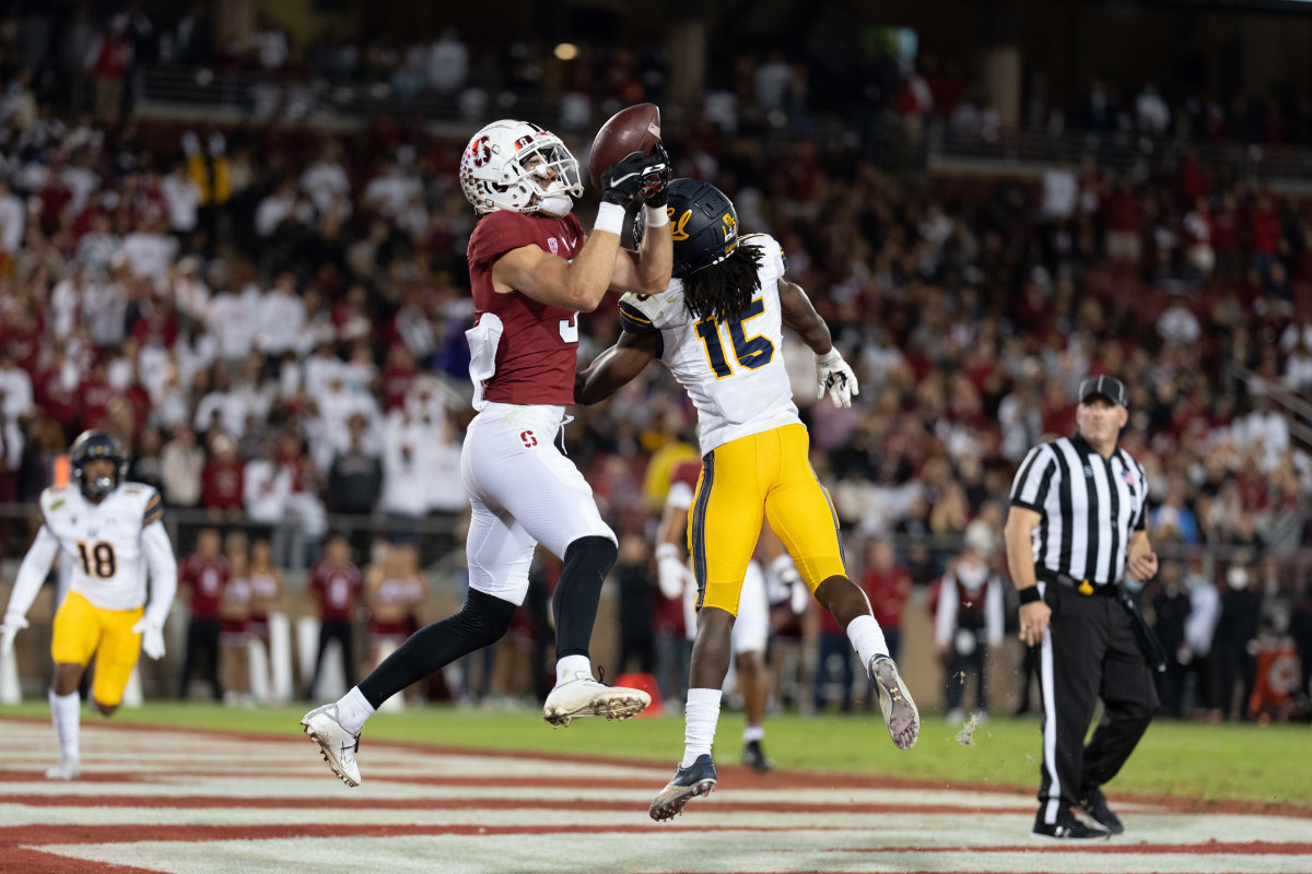 Stanford Cardinal wide receiver John Humphreys (5) scores a two-point conversion during the third quarter against California Golden Bears cornerback Lu-Magia Hearns III (15) at Stanford Stadium. Mandatory Credit: Stan Szeto-USA TODAY Sports