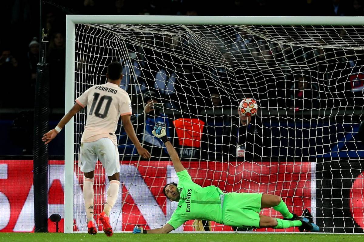 Marcus Rashford pictured scoring for Manchester United to knock PSG out of the Champions League in March 2019