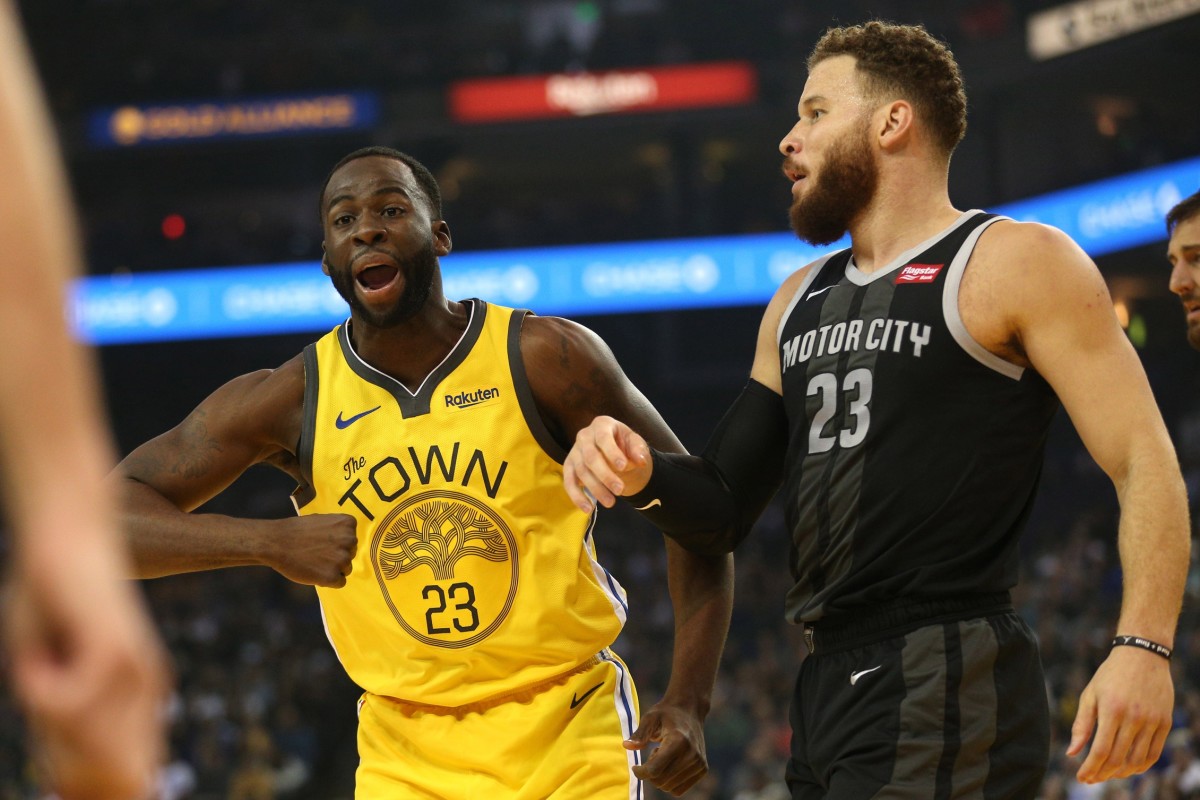 Mar 24, 2019; Oakland, CA, USA; Golden State Warriors forward Draymond Green (23) reacts after being called for a foul next to Detroit Pistons forward Blake Griffin (23) in the first quarter at Oracle Arena. Mandatory Credit: Cary Edmondson-USA TODAY Sports