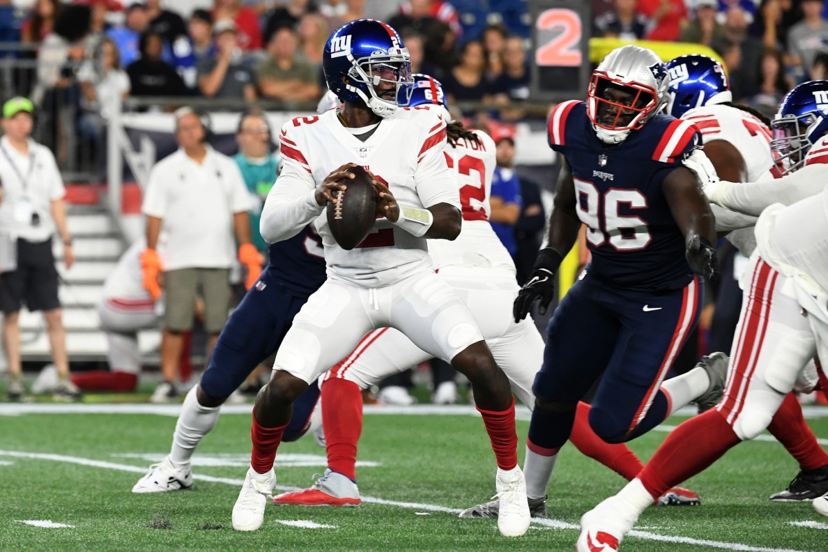 Aug 11, 2022; Foxborough, Massachusetts, USA; New York Giants quarterback Tyrod Taylor (2) throws against the New England Patriots during the first half of a preseason game at Gillette Stadium.