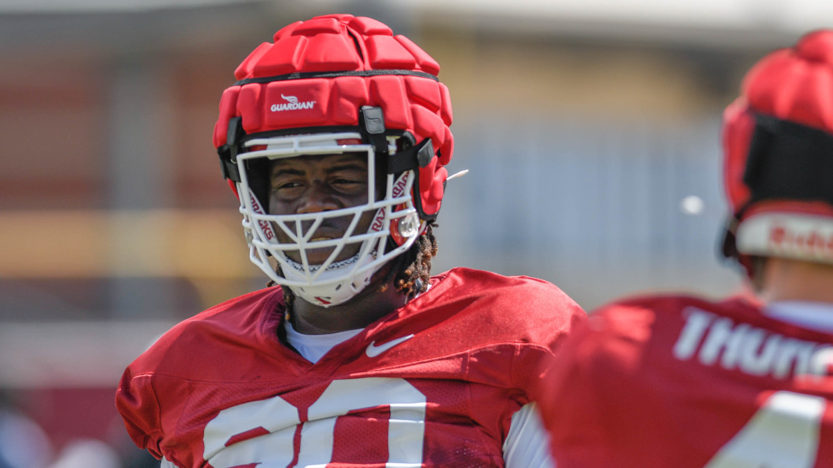 Razorbacks defensive lineman Marcus Miller in fall camp Monday, Aug. 8, 2022, on the outdoor practice fields at the football center in Fayetteville. Miller has been out with injury for much of August.