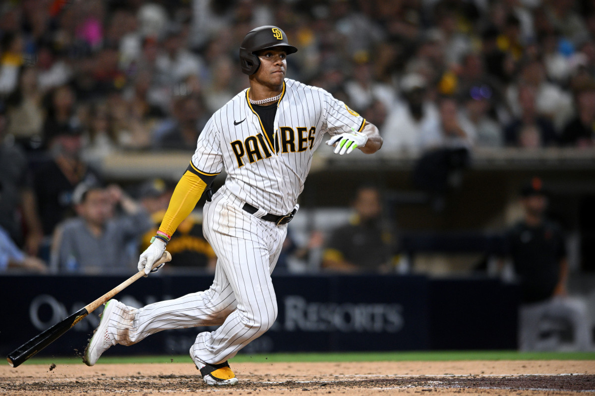 Aug 9, 2022; San Diego, California, USA; San Diego Padres right fielder Juan Soto (22) hits a double during the sixth inning against the San Francisco Giants at Petco Park.