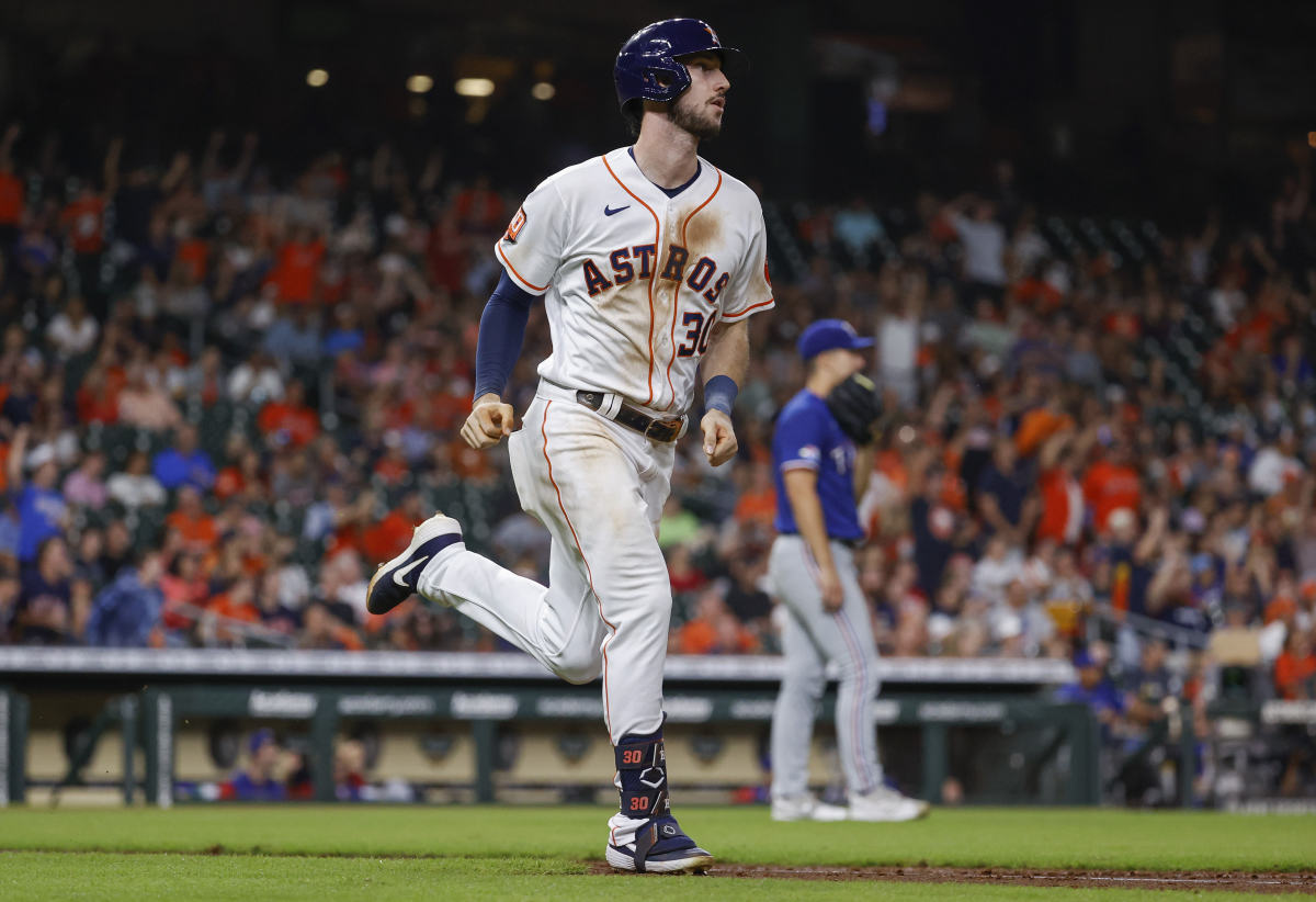 Houston Astros Kyle Tucker rounds first after blasting a home run.
