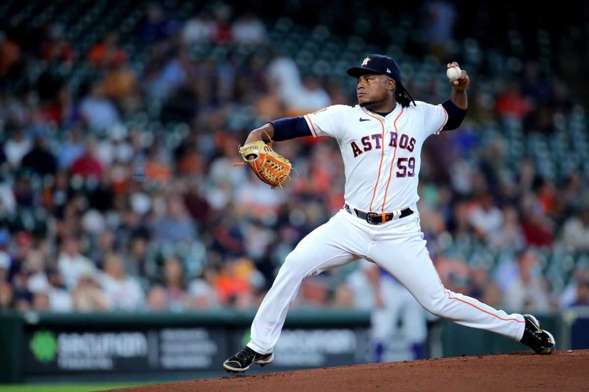 Houston Astros starting pitcher Framber Valdez (59) delivers a pitch against the Texas Rangers during the first inning at Minute Maid Park. (Erik Williams-USA TODAY Sports)