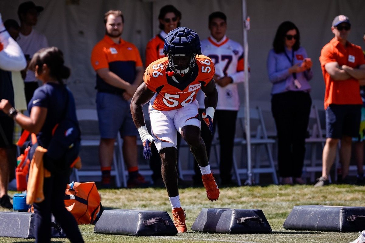 Denver Broncos linebacker Baron Browning (56) during training camp at the UCHealth Training Center.