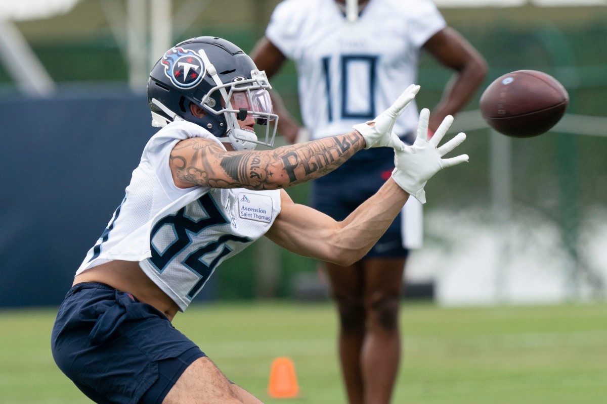 Tennessee Titans wide receiver Brandon Lewis (84) pulls in a catch during a training camp practice at Saint Thomas Sports Park Thursday, July 28, 2022, in Nashville, Tenn.