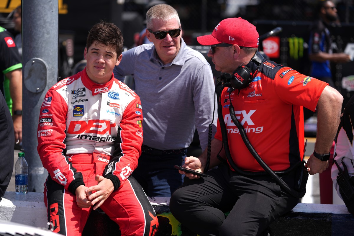 Harrison Burton couldn't ask for better strategists than dad Jeff (middle) and veteran crew chief David Wilson (right). Photo: USA Today Sports / Jason Vinlove.