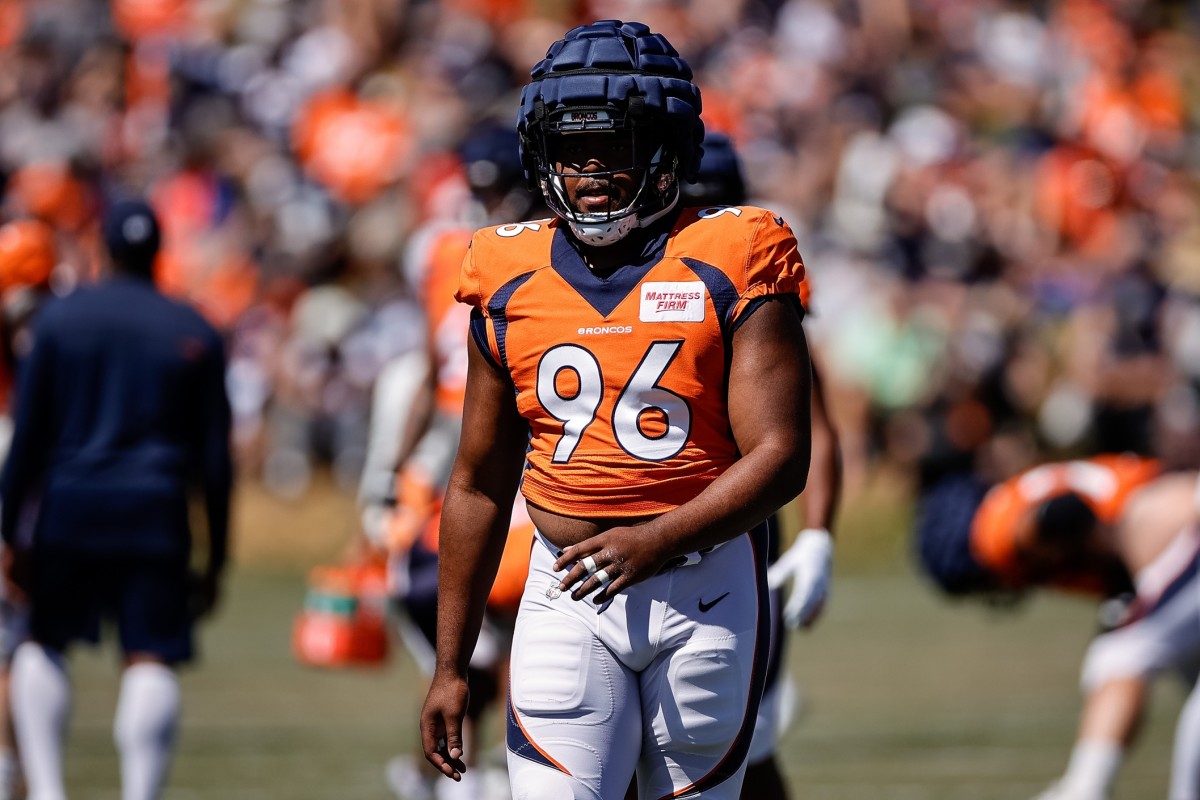 Aug 11, 2022; Englewood, CO, USA; Denver Broncos defensive end Eyioma Uwazurike (96) during training camp at the UCHealth Training Center. Mandatory Credit: Isaiah J. Downing-USA TODAY Sports