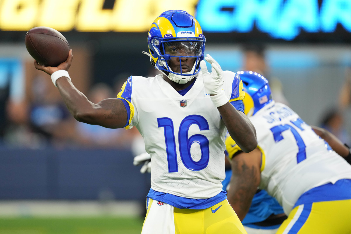 Los Angeles Rams quarterback Bryce Perkins (16) throws the ball against the Los Angeles Chargers in the first half at SoFi Stadium.