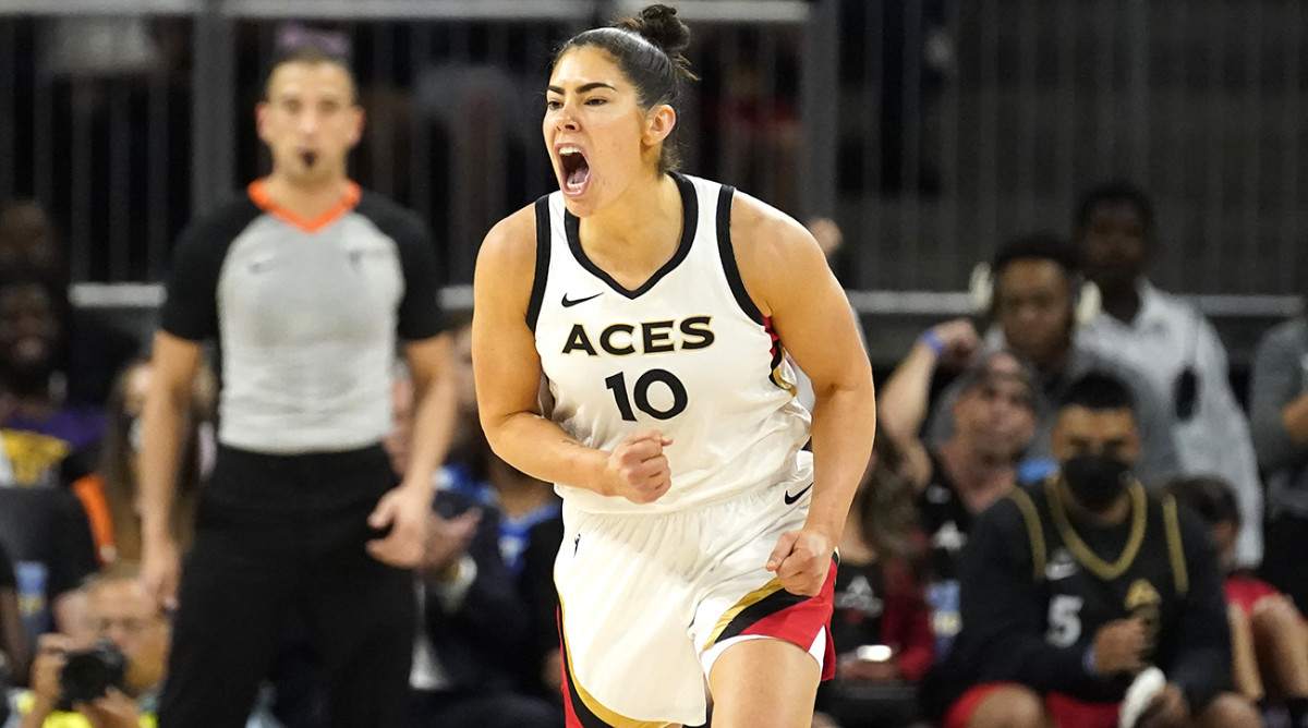 Aces guard Kelsey Plum yells out after scoring during the second half of the WNBA Commissioner’s Cup basketball game.