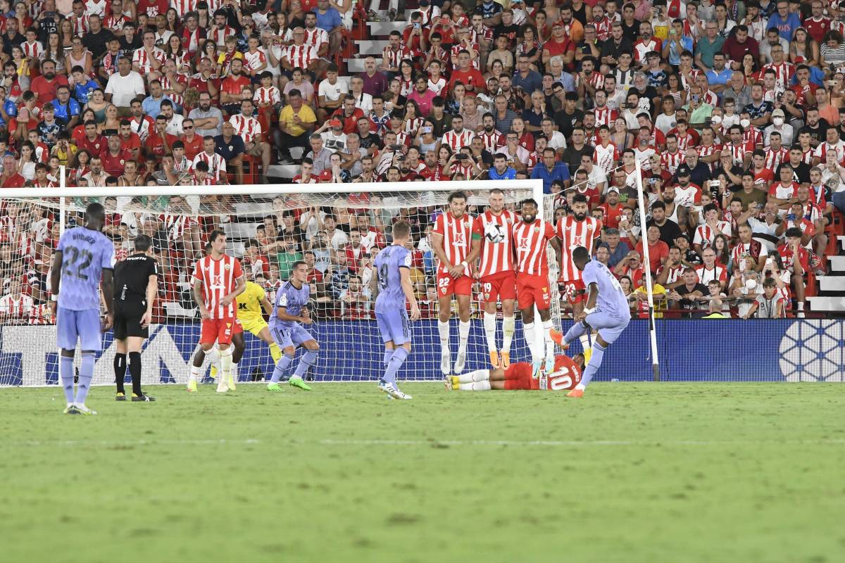 David Alaba pictured taking a free-kick during Real Madrid's 2-1 win at Almeria in August 2022