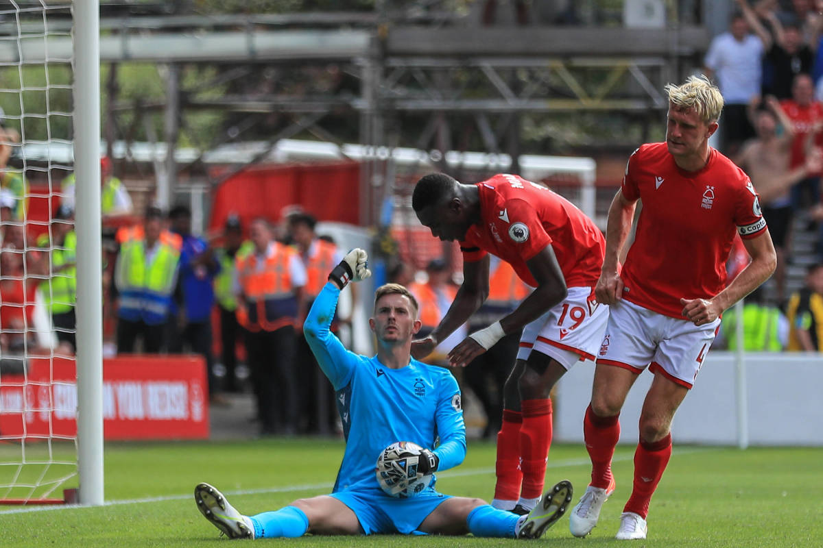 Nottingham Forest goalkeeper Dean Henderson pictured celebrating after saving a penalty from Declan Rice (not in shot) during a 1-0 win over West Ham in August 2022