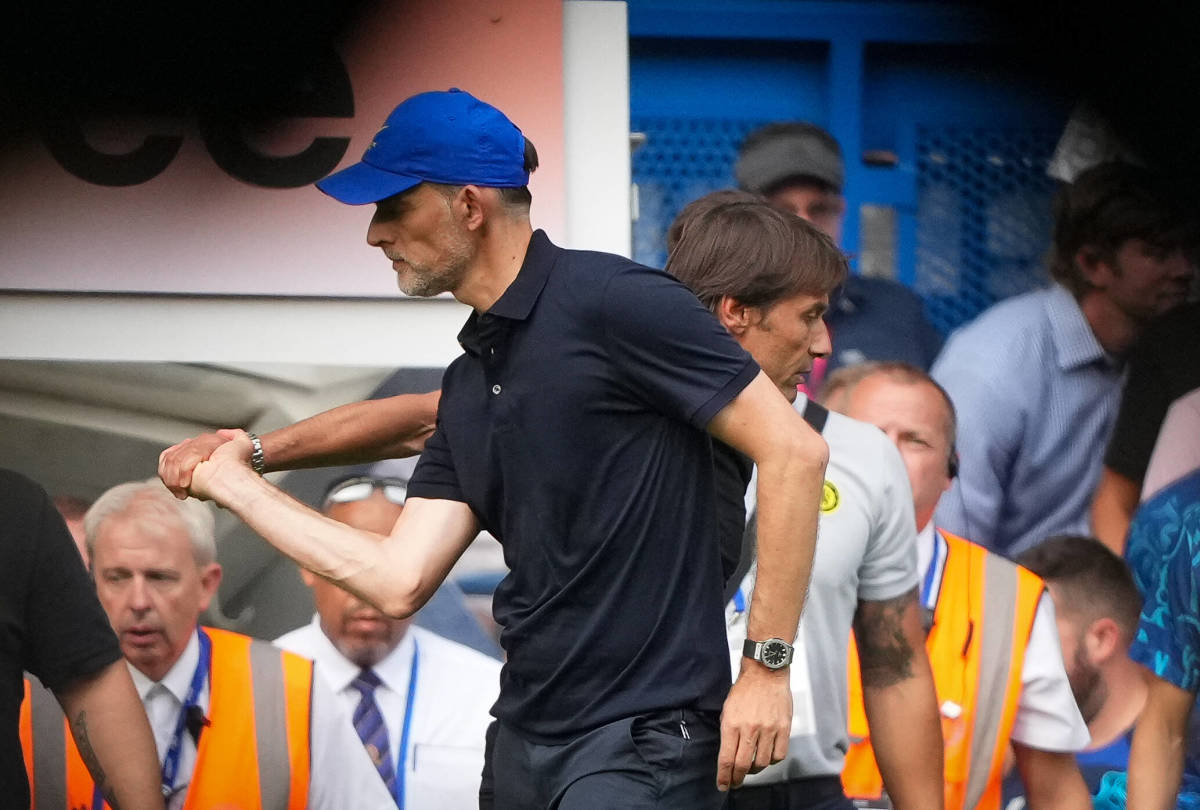 Thomas Tuchel pictured (front) angrily grabbing the hand of Antonio Conte after Chelsea's 2-2 draw with Tottenham in August 2022