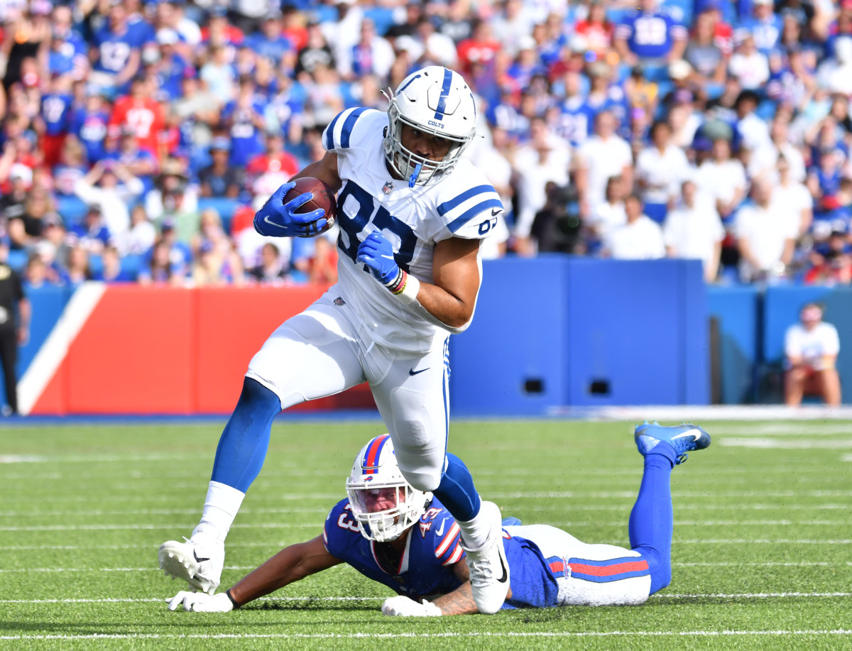 Aug 13, 2022; Orchard Park, New York, USA; Indianapolis Colts tight end Kylen Granson (83) breaks free from Buffalo Bills linebacker Terrel Bernard (43) after making a catch in the second quarter pre-season game at Highmark Stadium.