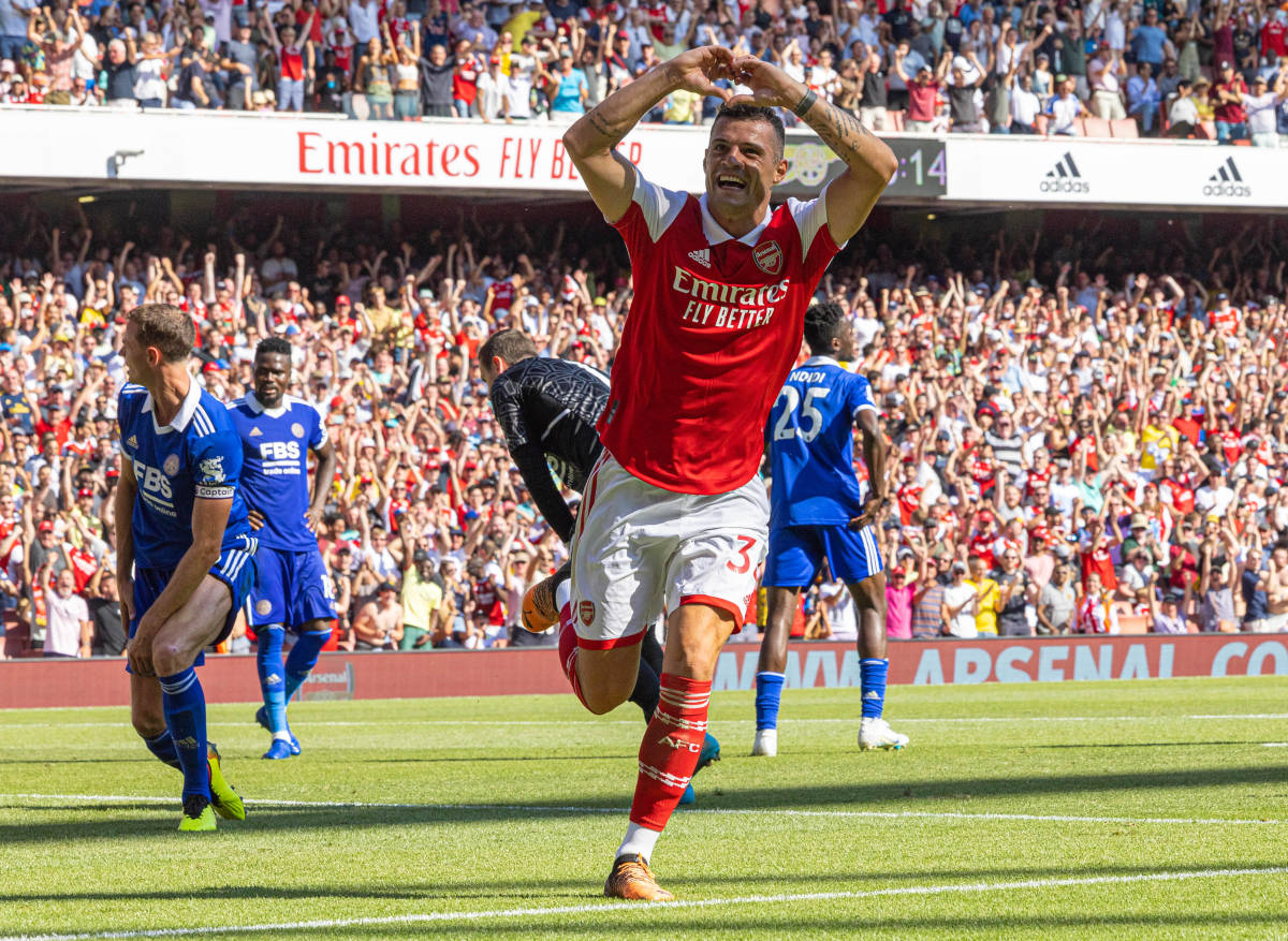 Granit Xhaka pictured celebrating after scoring for Arsenal in a 4-2 win over Leicester in August 2022