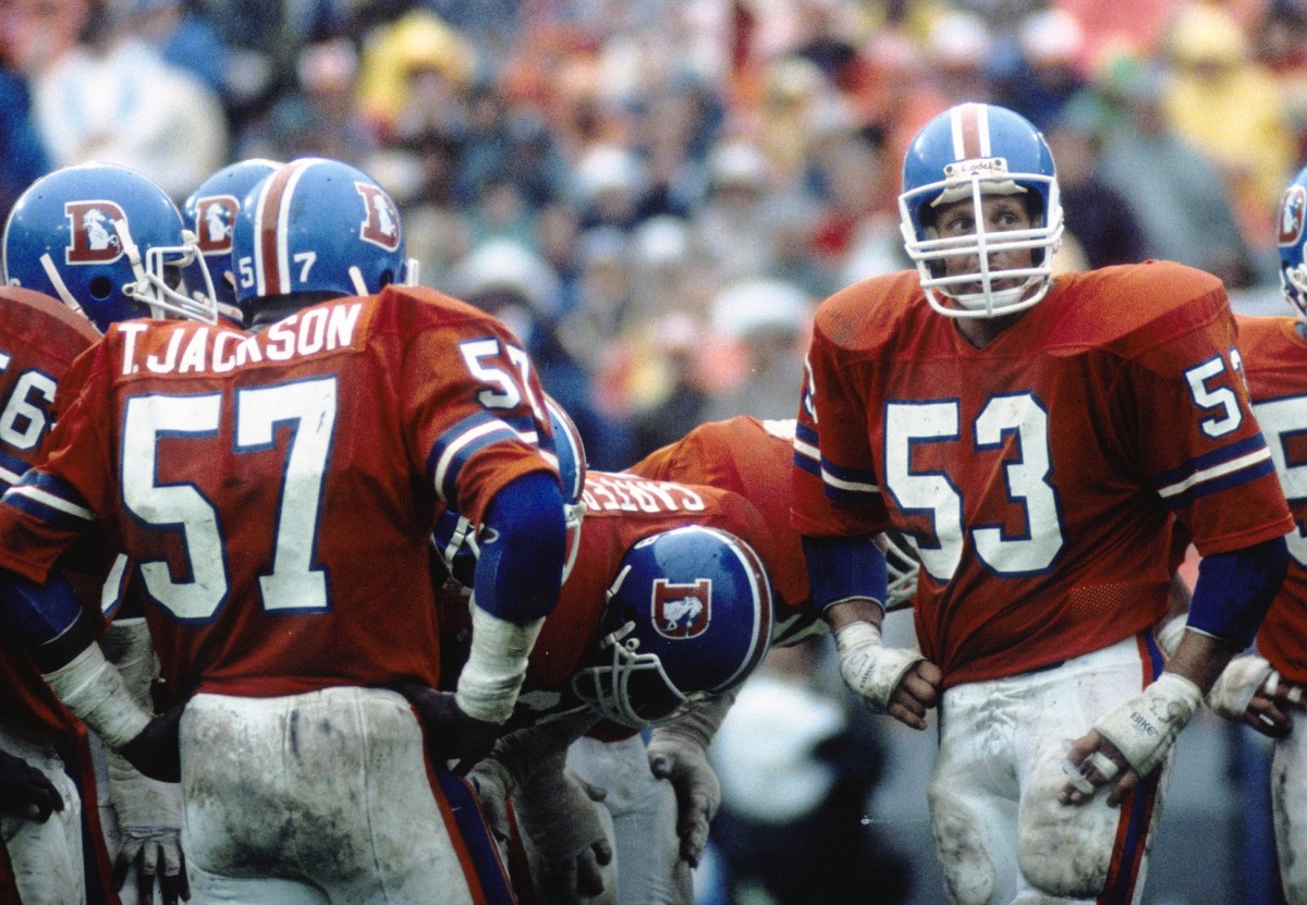 Denver Broncos linebacker Randy Gradishar (53) on the field against the San Diego Chargers at at Mile High Stadium.