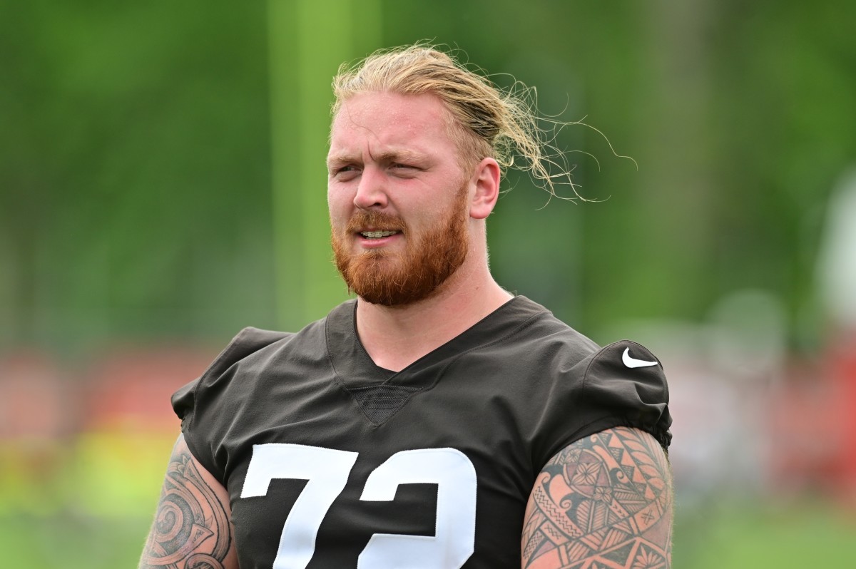 May 25, 2022; Berea, OH, USA; Cleveland Browns guard Hjalte Froholdt (72) walks off the field during organized team activities at CrossCountry Mortgage Campus. Mandatory Credit: Ken Blaze-USA TODAY Sports