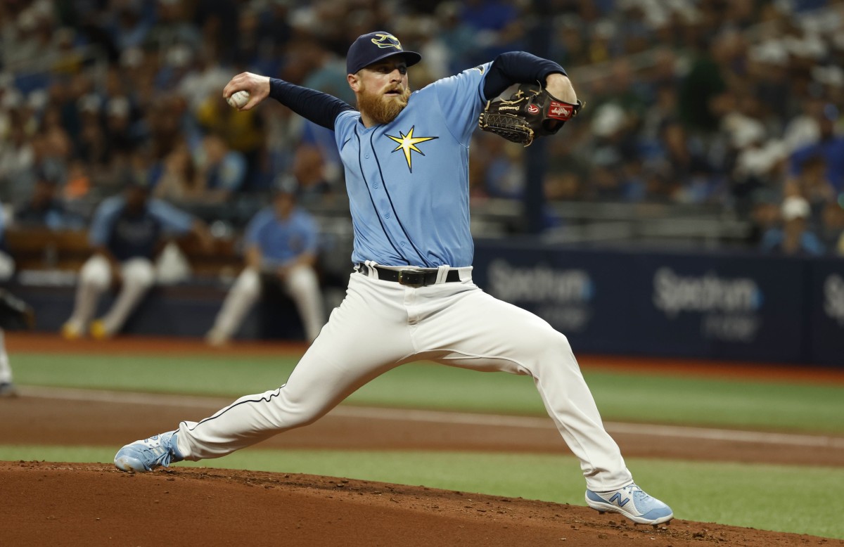 Rays starter Drew Rasmussen retired 24 batters in a row before allowing a double to lead off the ninth inning. (USA TODAY Sports)
