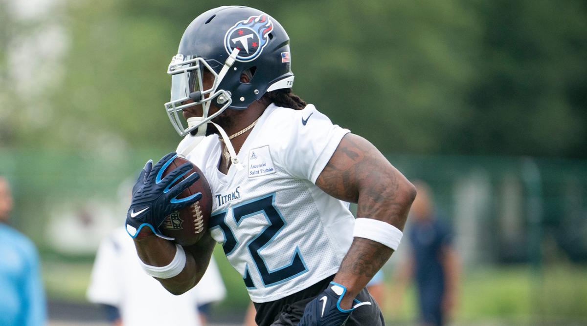 Tennessee Titans running back Derrick Henry (22) races up the field during a training camp practice at Saint Thomas Sports Park Wednesday, July 27, 2022, in Nashville, Tenn.