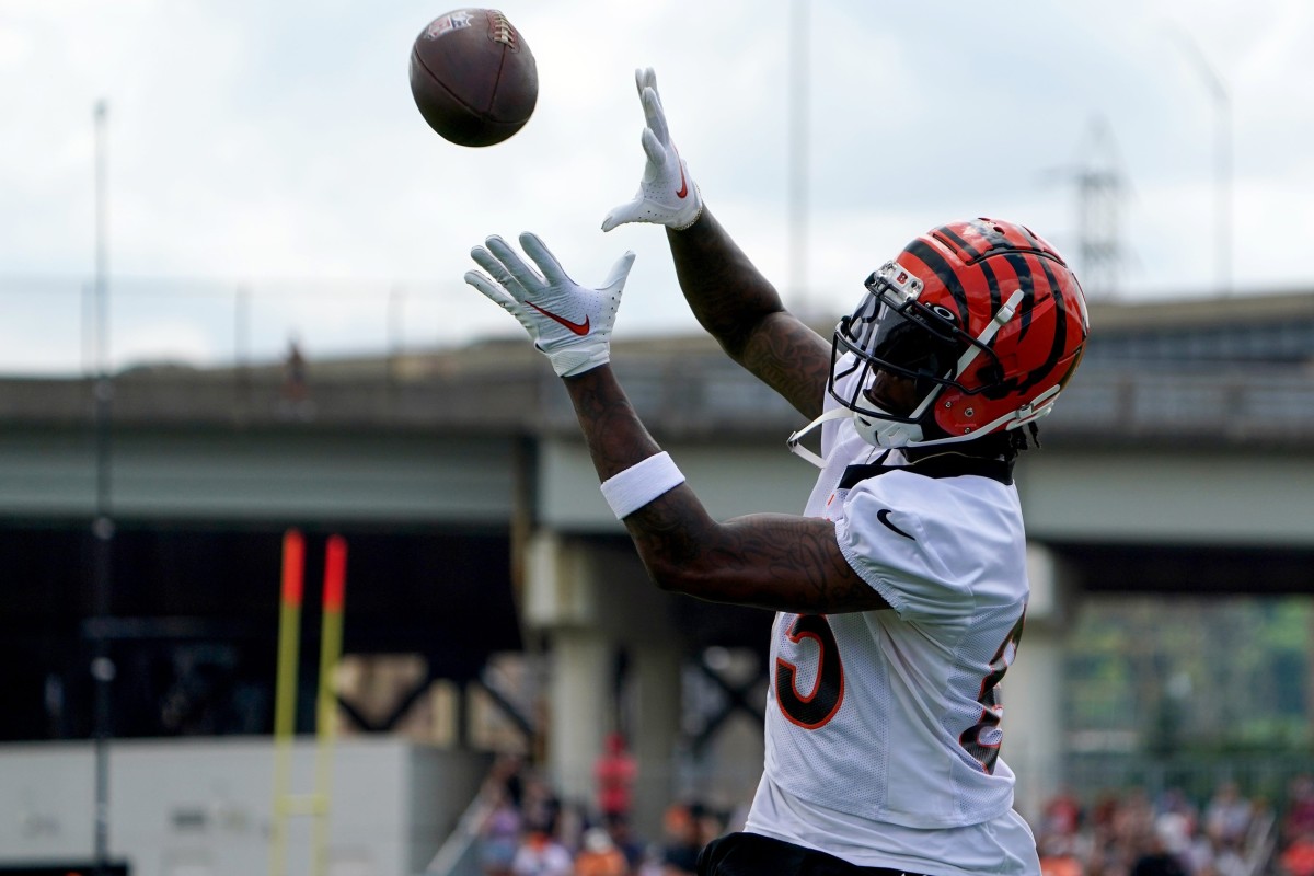 Cincinnati Bengals wide receiver Tee Higgins (85) catches a pass in the end zone during Cincinnati Bengals training camp practice, Friday, July 29, 2022, at the practice fields next to Paul Brown Stadium in Cincinnati. Cincinnati Bengals Training Camp July 29 0006