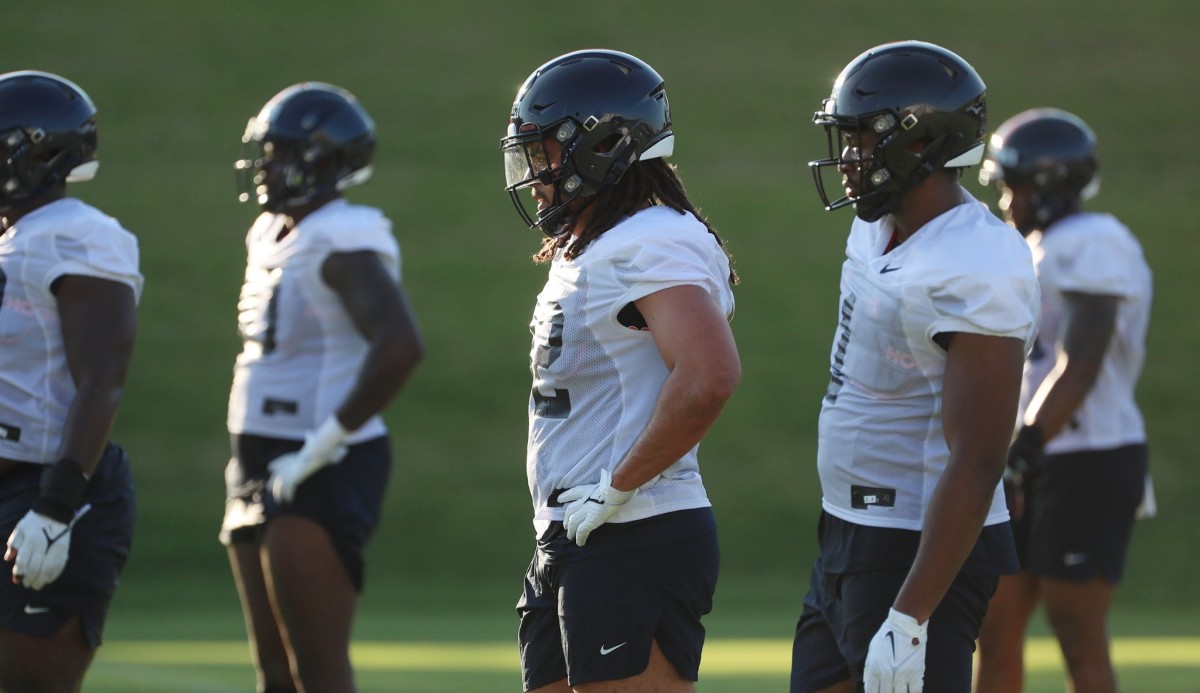 Virginia football defensive line practices during fall camp.