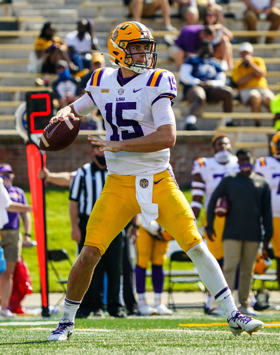 Myles Brennan winds up to pass against the Missouri Tigers on October 10, 2020. 