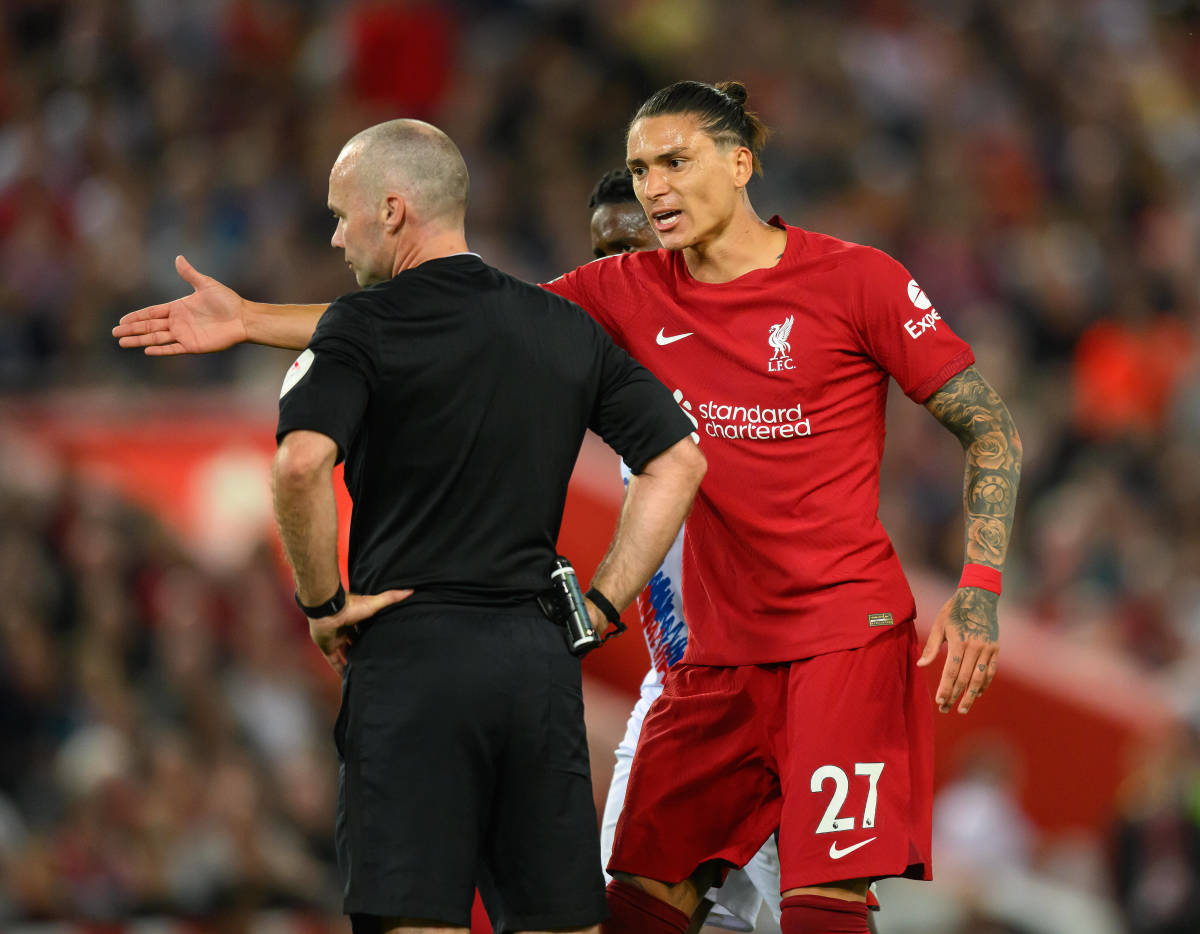 Darwin Nunez pictured complaining to referee Paul Tierney after being sent off on his home Liverpool debut against Crystal Palace in August 2022