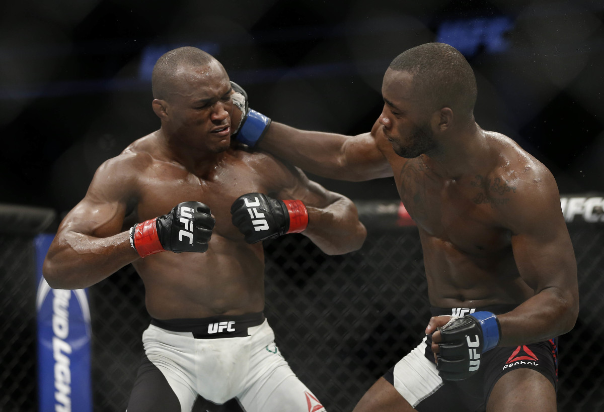 Leon Edwards moves in with a punch against Kamaru Usman during UFC Fight Night at Amway Center.