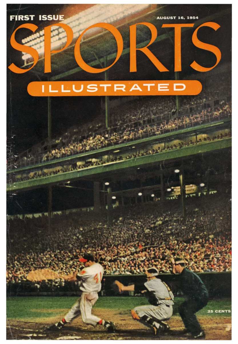 Cover of first issue of Sports Illustrated, featuring Eddie Mathews hitting in a packed stadium