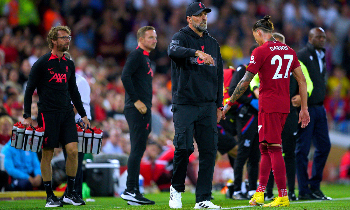 Darwin Nunez walks off after being red carded