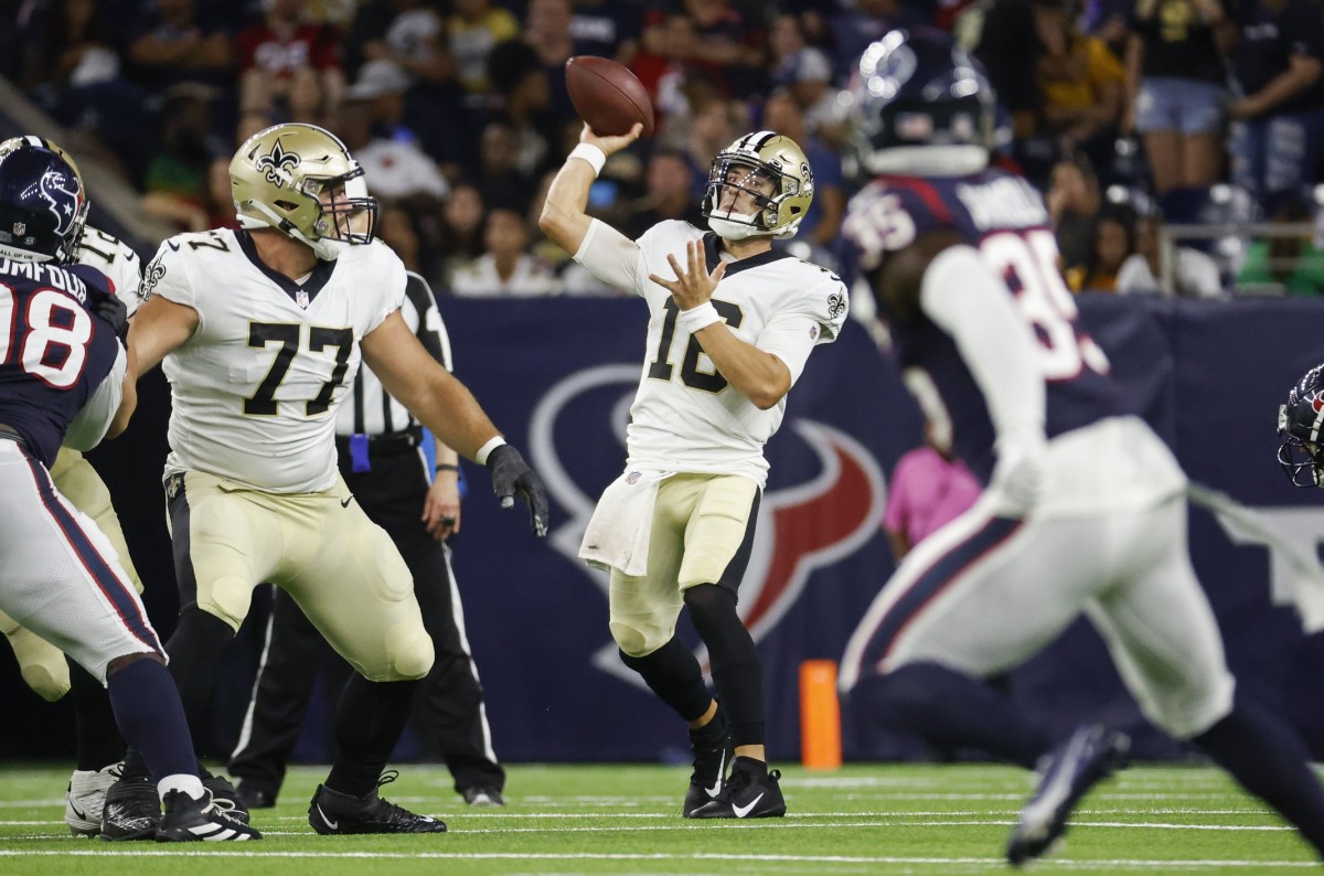 New Orleans Saints quarterback Ian Book (16) attempts a pass against the Houston Texans. Mandatory Credit: Troy Taormina-USA TODAY