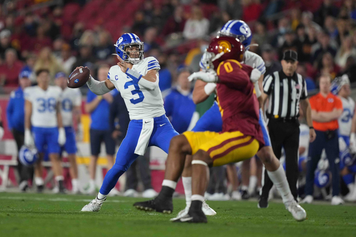 BYU Cougars quarterback Jaren Hall (3) throws the ball against the Southern California Trojans in the first half at United Airlines Field at Los Angeles Memorial Coliseum.