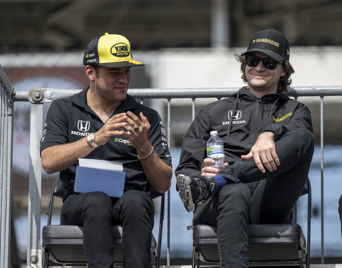 IndyCar rookie Devlin DeFrancesco (left) and Andretti Autosport teammate Colton Herta (right) enjoy a few minutes of free time during the drivers meeting for the 106th Running of the Indianapolis 500 on May 28 at Indianapolis Motor Speedway. Photo: USA Today Sports / Marc Lebryk