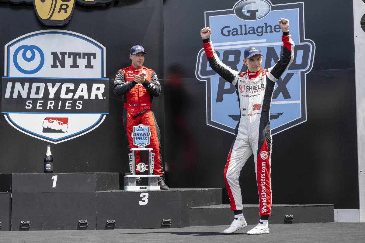Rahal Letterman Lanigan Racing driver Christian Lundgaard (right) reacts to his second-place finish in the Gallagher Grand Prix at the Indianapolis Motor Speedway Road Course. Photo: USA Today Sports / Marc Lebryk