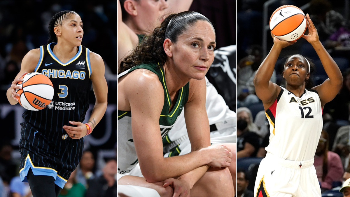 Split image of Chicago Sky’s Candace Parker, Seattle Storm’s Sue Bird and Las Vegas Aces’ Chelsea Gray