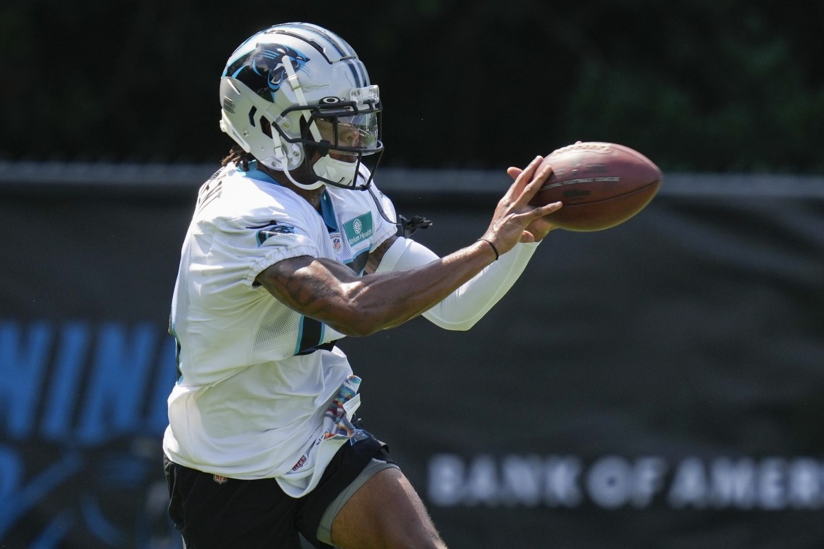 Jul 28, 2022; Spartanburg, SC, USA; Carolina Panthers receiver Andrew Parchment (15) makes a catch during the third day of training camp at Wofford College.