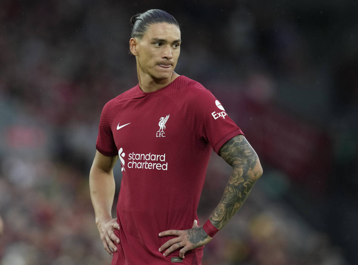Darwin Nunez pictured during his first ever appearance at Anfield as a Liverpool player in August 2022