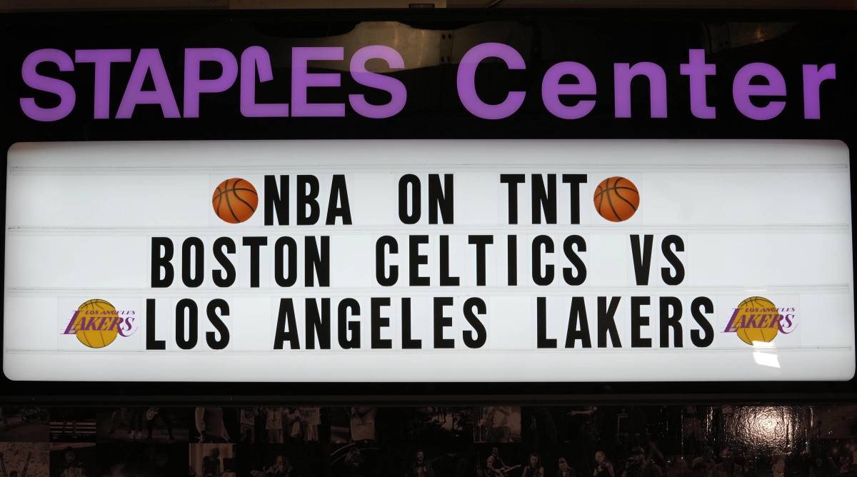 A sign promoting the Boston Celtics vs. Los Angeles Lakers in the Staples Center.