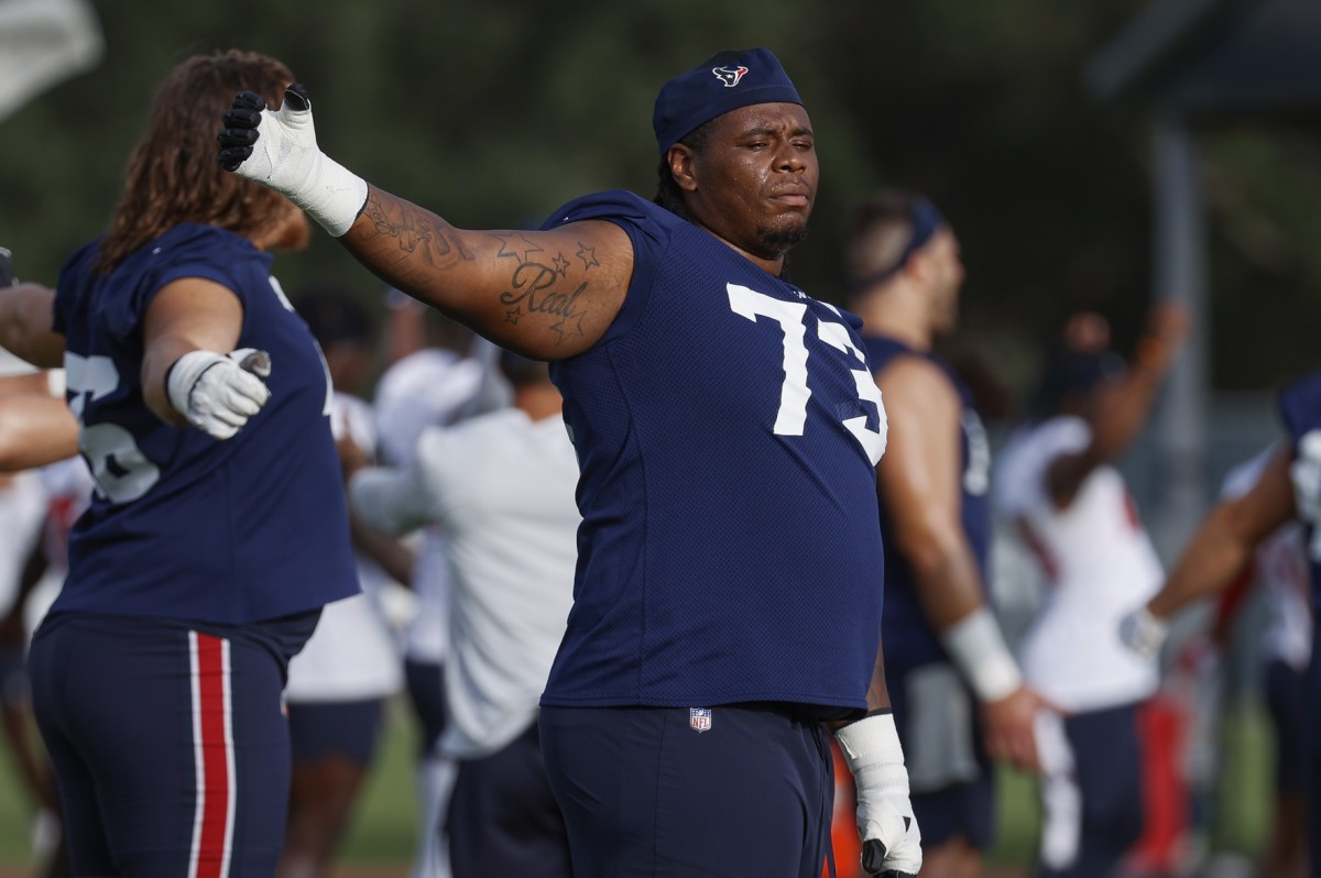 Jun 15, 2022; Houston, TX, USA; Houston Texans offensive lineman Tre'Vour Wallace-Simms (73) participates in drills during minicamp at Houston Methodist Training Center. Mandatory Credit: Troy Taormina-USA TODAY Sports