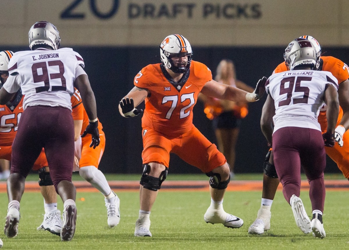 Sep 4, 2021; Stillwater, Oklahoma, USA; Oklahoma State Cowboys offensive lineman Josh Sills (72) blocks during the fourth quarter of the game against the Missouri State Bears at Boone Pickens Stadium. Oklahoma State Cowboys beat Missouri State Bears 23-16. Mandatory Credit: Brett Rojo-USA TODAY Sports