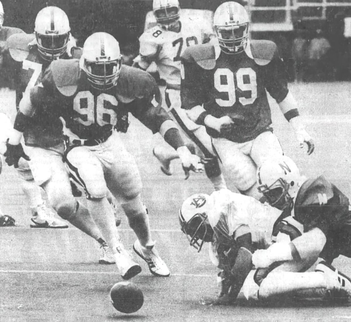Jimmy Williams (96) gets ready to pounce on the Auburn fumble that set up Nebraska’s first touchdown.