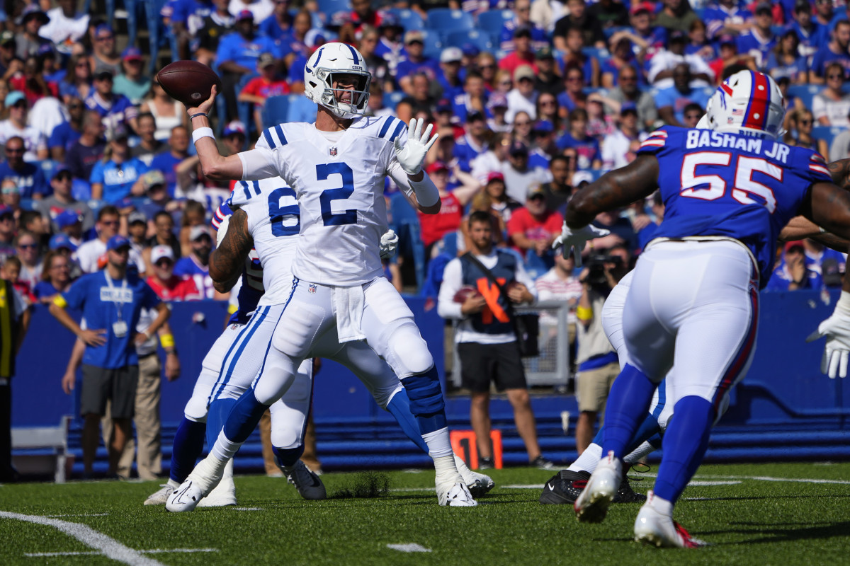 Aug 13, 2022; Orchard Park, New York, USA; Indianapolis Colts quarterback Matt Ryan (2) throws the ball during the first half against the Buffalo Bills at Highmark Stadium. Mandatory Credit: Gregory Fisher-USA TODAY Sports
